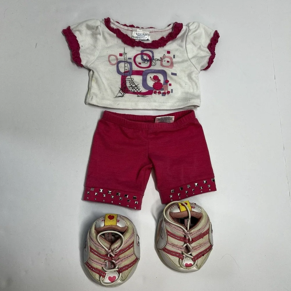 Build A Bear White Pink  Poodle Shirt Pint Studded‎ Pants Sketchers Shoes Outfit